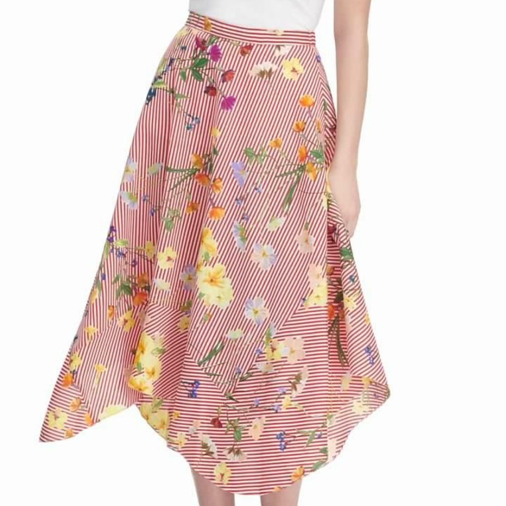 Calvin Klein Red & White Striped Floral Midi Skirt
